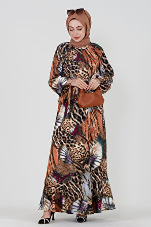 Varak Detaylı Kaplan Desenli Elbise-Bordo