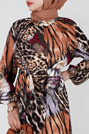 Varak Detaylı Kaplan Desenli Elbise-Bordo