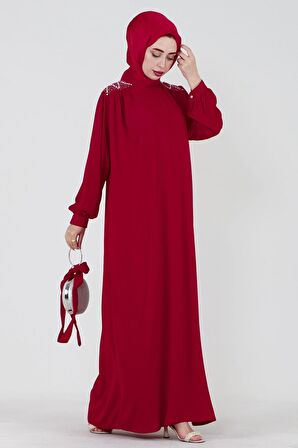 Omuzu İşlemeli Beli Kuşaklı Tesettür Elbise-Kırmızı