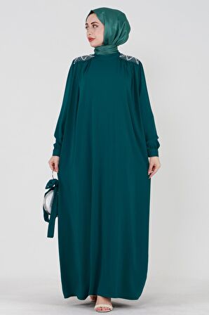 Omuzu İşlemeli Beli Kuşaklı Tesettür Elbise-Zümrüt Yeşili