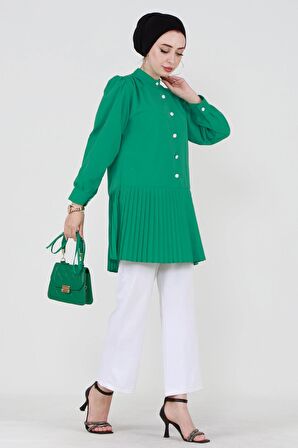 Eteği Piliseli Önü Yarım Düğmeli Tunik Gömlek -Yeşil