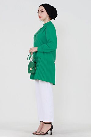 Eteği Piliseli Önü Yarım Düğmeli Tunik Gömlek -Yeşil