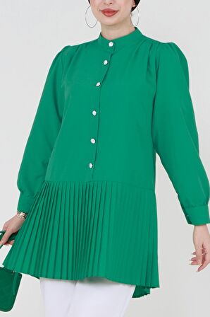 Eteği Piliseli Önü Yarım Düğmeli Tunik Gömlek -Yeşil