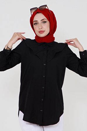 Yakası Kat Detaylı Önü Düğmeli Poplin Tunik-Siyah