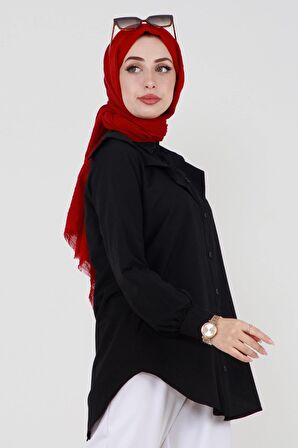 Yakası Kat Detaylı Önü Düğmeli Poplin Tunik-Siyah