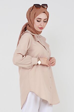 Yakası Kat Detaylı Önü Düğmeli Poplin Tunik -Bej