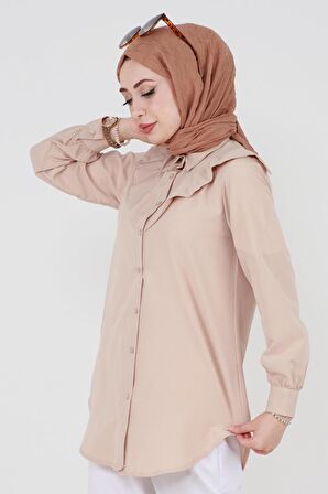 Yakası Kat Detaylı Önü Düğmeli Poplin Tunik -Bej