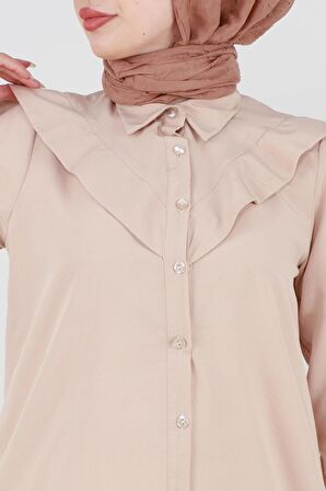 Yakası Kat Detaylı Önü Düğmeli Poplin Tunik -Bej