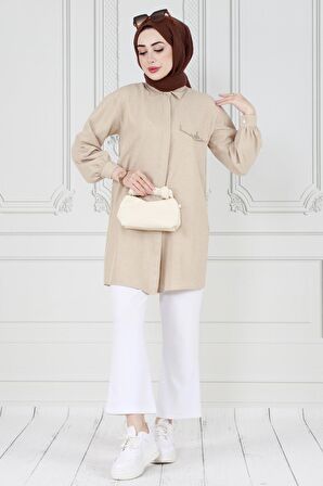 Kapağı Taş Detaylı Tunik-Bej