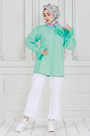 Gül Broşlu Kolu Fırfırlı Tunik-Yeşil
