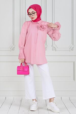 Gül Broşlu Kolu Fırfırlı Tunik-Pembe