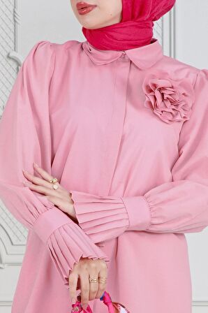 Gül Broşlu Kolu Fırfırlı Tunik-Pembe