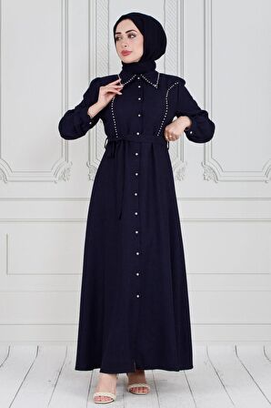 İnci Çakım Önü Düğmeli Keten Elbise-Lacivert