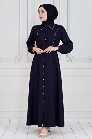 İnci Çakım Önü Düğmeli Keten Elbise-Lacivert