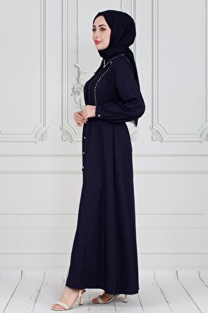 İnci Çakım Önü Düğmeli Keten Elbise-Lacivert