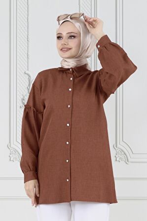Kolu Fırfır Detaylı Tunik-Kahverengi