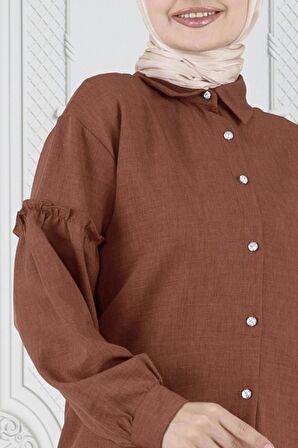 Kolu Fırfır Detaylı Tunik-Kahverengi