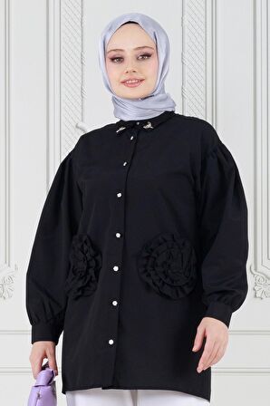 Önü Gül Detaylı Tunik-Siyah