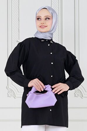 Önü Gül Detaylı Tunik-Siyah