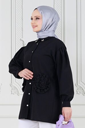 Önü Gül Detaylı Tunik-Siyah