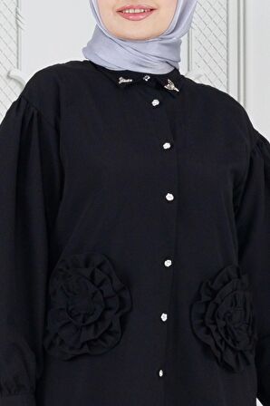 Önü Gül Detaylı Tunik-Siyah