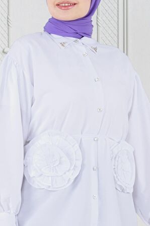 Önü Gül Detaylı Tunik-Beyaz