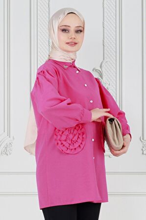 Önü Gül Detaylı Tunik-Fuşya