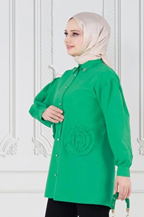 Önü Gül Detaylı Tunik-Yeşil