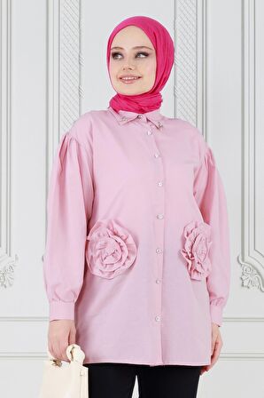 Önü Gül Detaylı Tunik-Pembe
