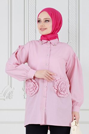 Önü Gül Detaylı Tunik-Pembe