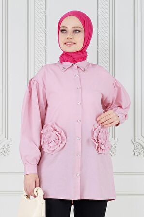 Önü Gül Detaylı Tunik-Pembe