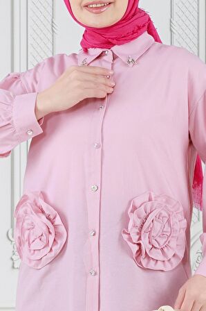 Önü Gül Detaylı Tunik-Pembe