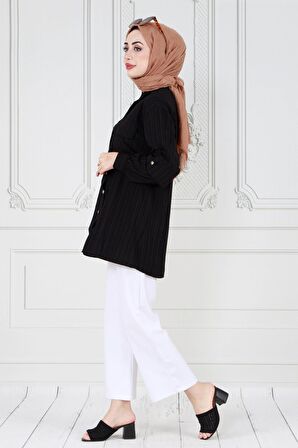 Kolu Kat Detaylı Tunik-Siyah