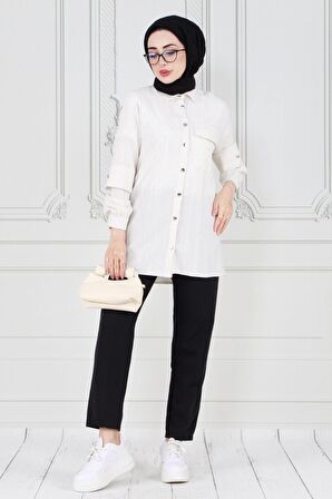 Kolu Kat Detaylı Tunik-Beyaz