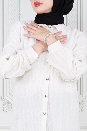 Kolu Kat Detaylı Tunik-Beyaz