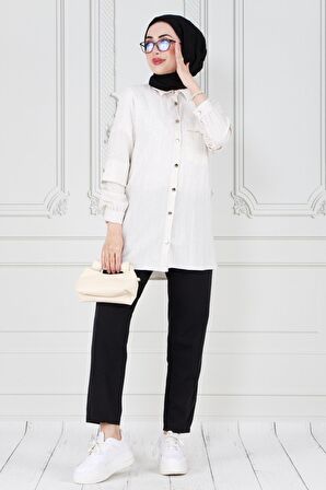 Kolu Kat Detaylı Tunik-Beyaz