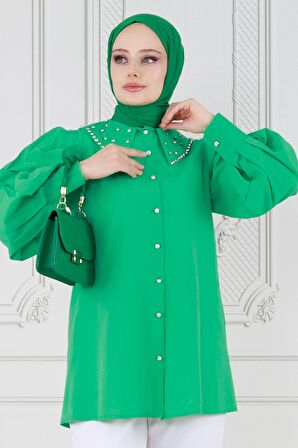 Yakası Taş Çakım Tunik-Benetton Yeşili