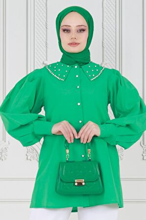 Yakası Taş Çakım Tunik-Benetton Yeşili