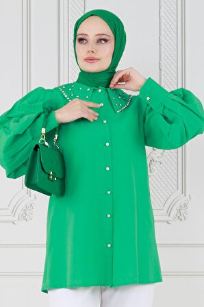 Yakası Taş Çakım Tunik-Benetton Yeşili