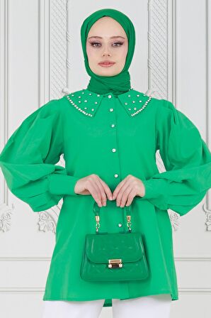 Yakası Taş Çakım Tunik-Benetton Yeşili