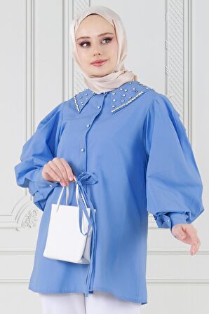 Yakası Taş Çakım Tunik-Mavi