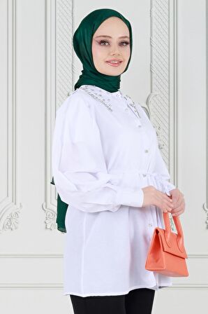 Yakası Taş Çakım Tunik-Beyaz