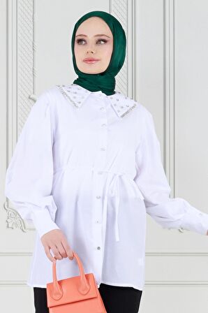 Yakası Taş Çakım Tunik-Beyaz