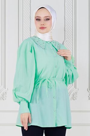 Yakası Taş Çakım Tunik-Yeşil