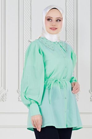 Yakası Taş Çakım Tunik-Yeşil