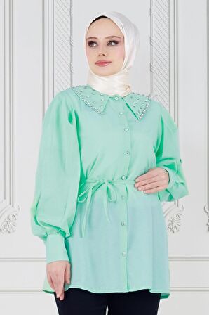 Yakası Taş Çakım Tunik-Yeşil
