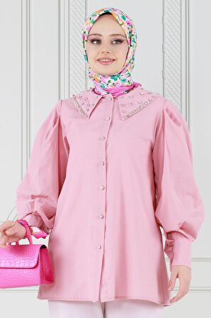 Yakası Taş Çakım Tunik-Pembe