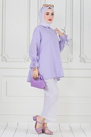 Arkası Pileli Kolu Büzgülü Tunik-Lila