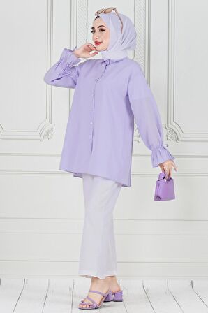 Arkası Pileli Kolu Büzgülü Tunik-Lila