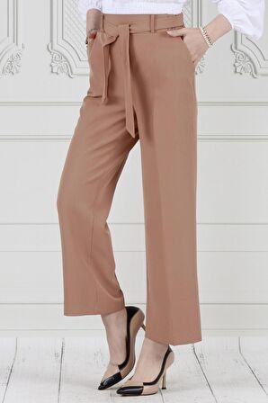 Beli Bağlamalı Bol Paça Pantolon-VİZON